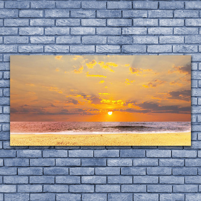 Glass Wall Art Sea beach sun landscape blue yellow brown