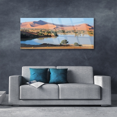 Glass Wall Art Bay desert landscape brown green blue