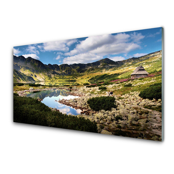 Glass Wall Art Mountain lake landscape grey green blue