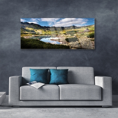 Glass Wall Art Mountain lake landscape grey green blue