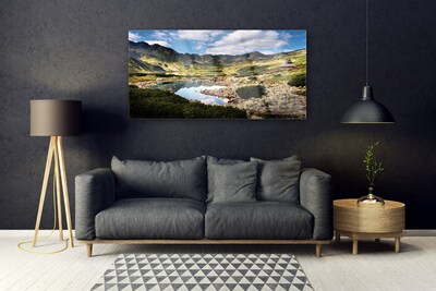 Glass Wall Art Mountain lake landscape grey green blue