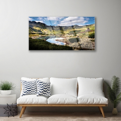 Glass Wall Art Mountain lake landscape grey green blue