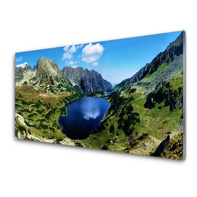 Glass Wall Art Mountain lake landscape grey green blue