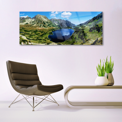 Glass Wall Art Mountain lake landscape grey green blue