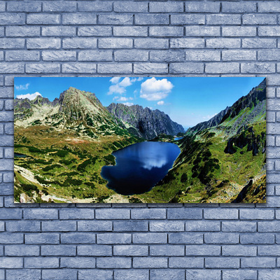 Glass Wall Art Mountain lake landscape grey green blue