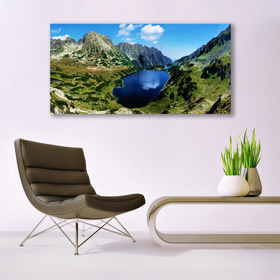 Glass Wall Art Mountain lake landscape grey green blue