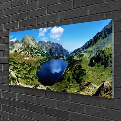 Glass Wall Art Mountain lake landscape grey green blue