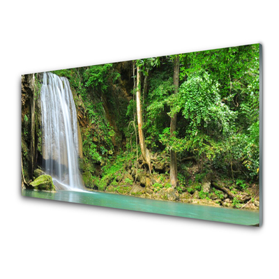 Glass Wall Art Waterfall forest nature white blue brown green