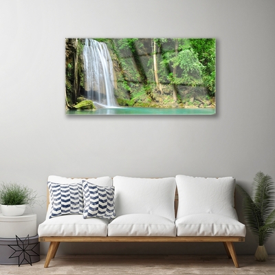 Glass Wall Art Waterfall forest nature white blue brown green