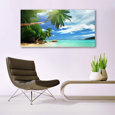 Glass Wall Art Palm tree beach sea landscape brown green blue