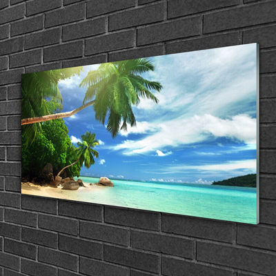 Glass Wall Art Palm tree beach sea landscape brown green blue