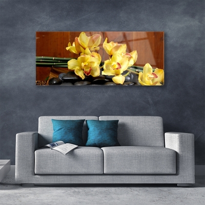 Glass Wall Art Flower stones floral yellow black