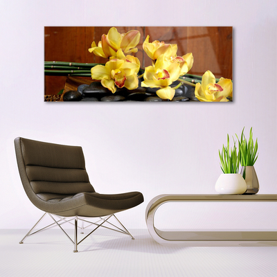 Glass Wall Art Flower stones floral yellow black