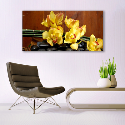 Glass Wall Art Flower stones floral yellow black