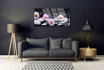 Glass Wall Art Flower stones floral pink white black