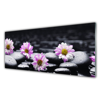 Glass Wall Art Flower stones floral pink white black