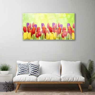 Glass Wall Art Tulips floral yellow red pink