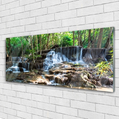 Glass Wall Art Waterfall forest nature brown green white