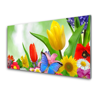 Glass Wall Art Butterfly flowers nature multi