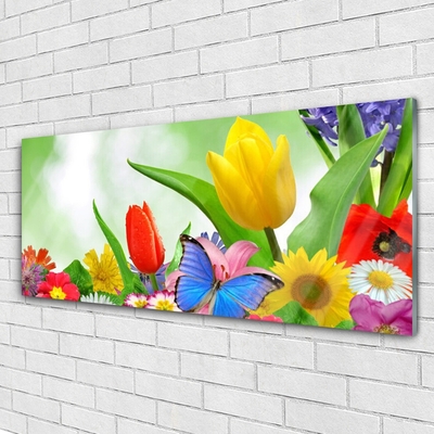 Glass Wall Art Butterfly flowers nature multi