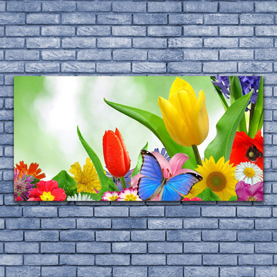 Glass Wall Art Butterfly flowers nature multi