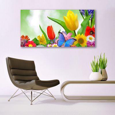 Glass Wall Art Butterfly flowers nature multi