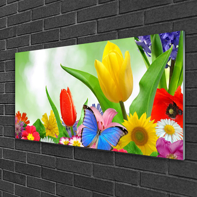 Glass Wall Art Butterfly flowers nature multi