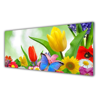 Glass Wall Art Butterfly flowers nature multi