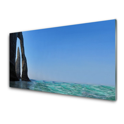 Glass Wall Art Rock sea landscape grey blue