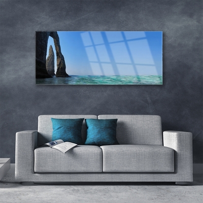 Glass Wall Art Rock sea landscape grey blue