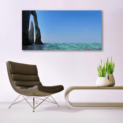 Glass Wall Art Rock sea landscape grey blue