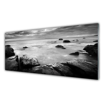 Glass Wall Art Rock sea landscape grey