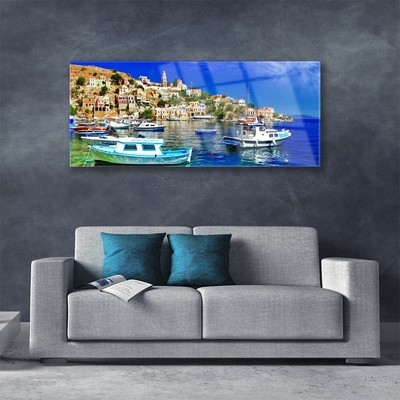 Glass Wall Art Boats city sea landscape blue white brown green