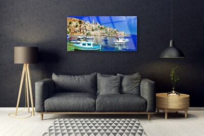 Glass Wall Art Boats city sea landscape blue white brown green