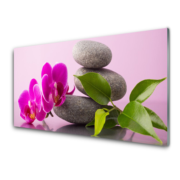 Glass Wall Art Flower stones floral pink grey