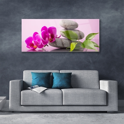 Glass Wall Art Flower stones floral pink grey