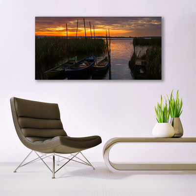 Glass Wall Art Boats sea grass landscape brown white green grey