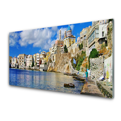 Glass Wall Art City sea architecture brown blue