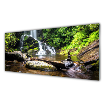 Glass Wall Art Waterfall stones forest nature brown green white