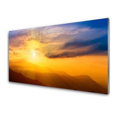 Glass Wall Art Mountain sun landscape brown yellow blue