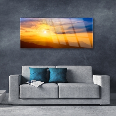 Glass Wall Art Mountain sun landscape brown yellow blue