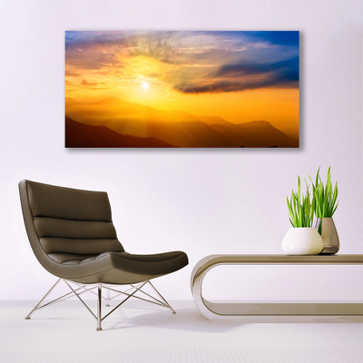 Glass Wall Art Mountain sun landscape brown yellow blue