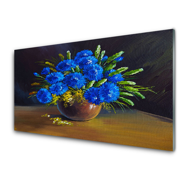 Glass Wall Art Flowers floral blue green