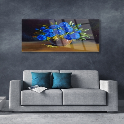 Glass Wall Art Flowers floral blue green