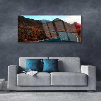 Glass Wall Art Mountain road landscape brown black white