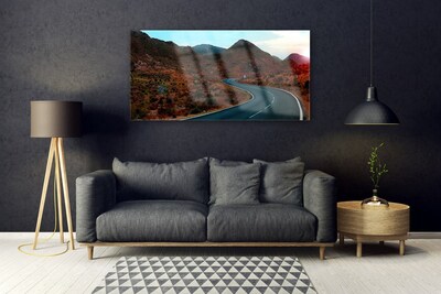 Glass Wall Art Mountain road landscape brown black white