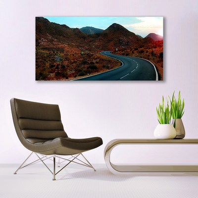 Glass Wall Art Mountain road landscape brown black white