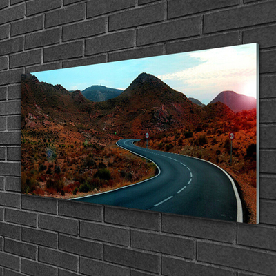 Glass Wall Art Mountain road landscape brown black white