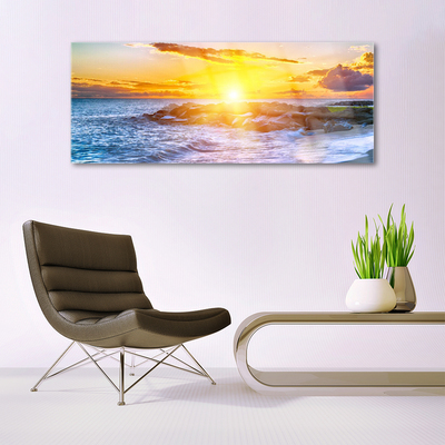 Glass Wall Art Sun sea landscape blue yellow