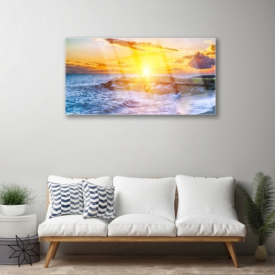 Glass Wall Art Sun sea landscape blue yellow